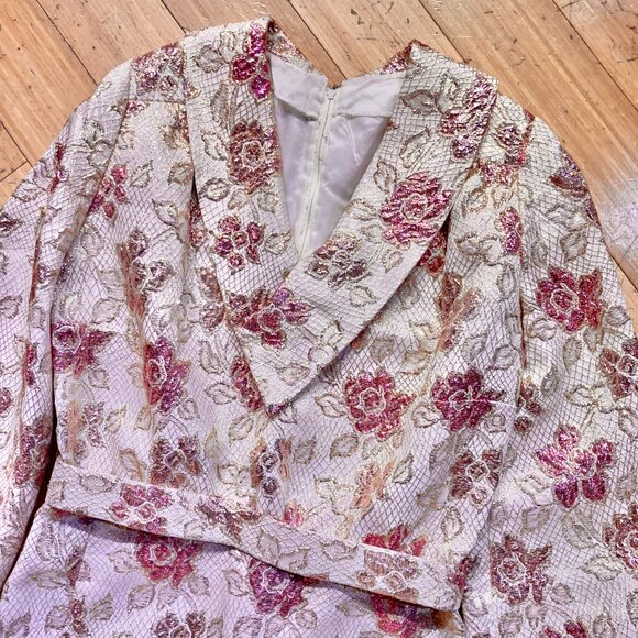 Vtg 60s 70s Maxi Hostess Dress Gown Pink Gold Floral Holiday Brocade Formal L - Picture 3 of 6